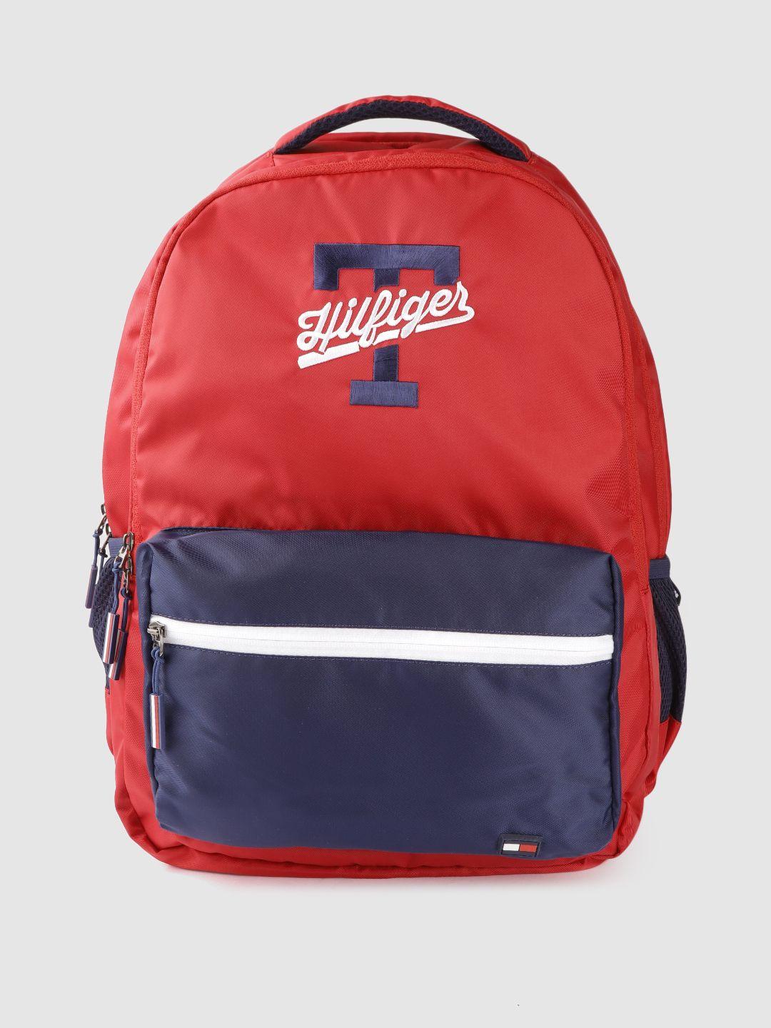 tommy hilfiger unisex red & navy blue brand logo embroidered backpack