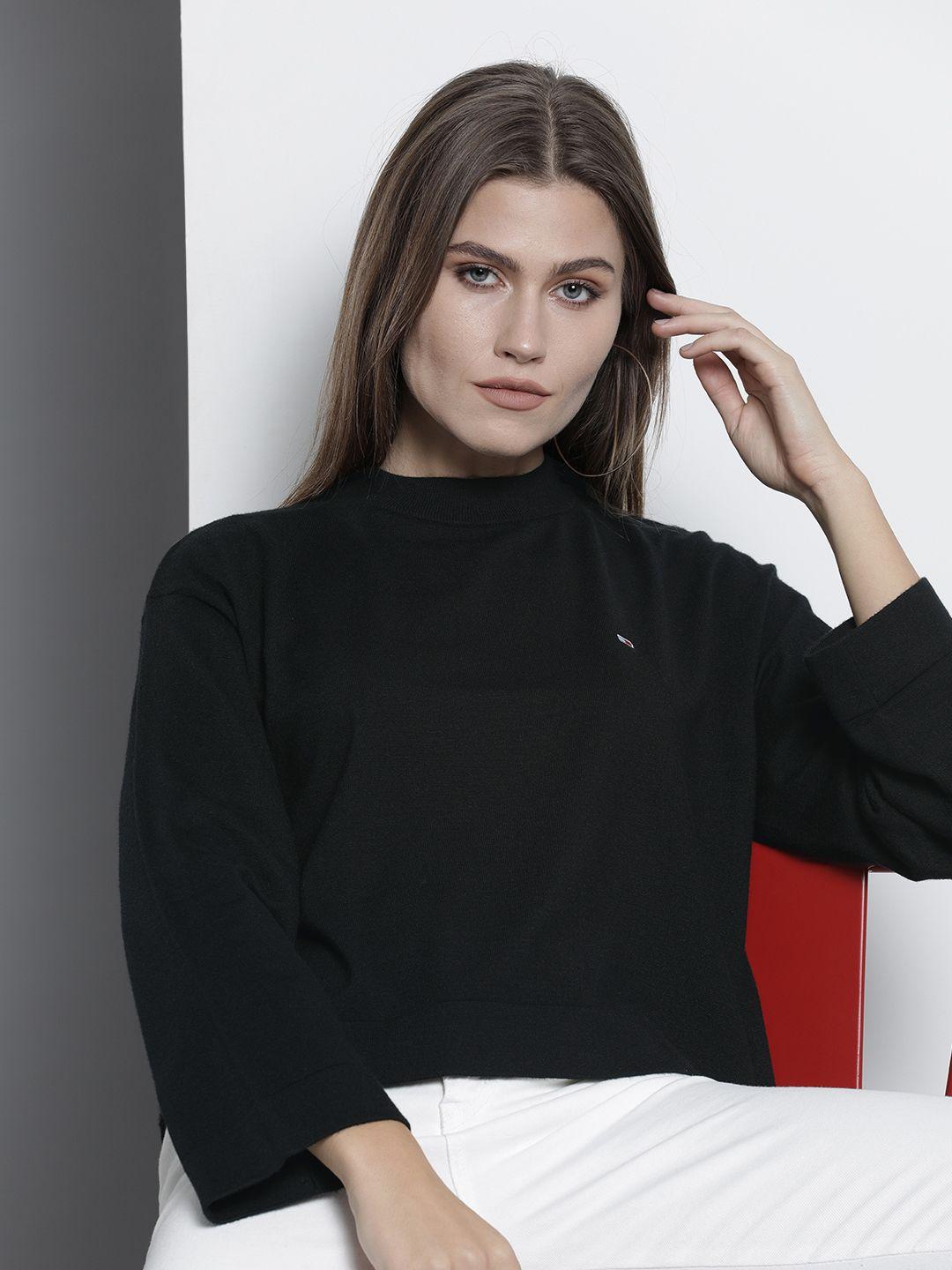 tommy hilfiger women black pullover with embroidered brand logo detailing