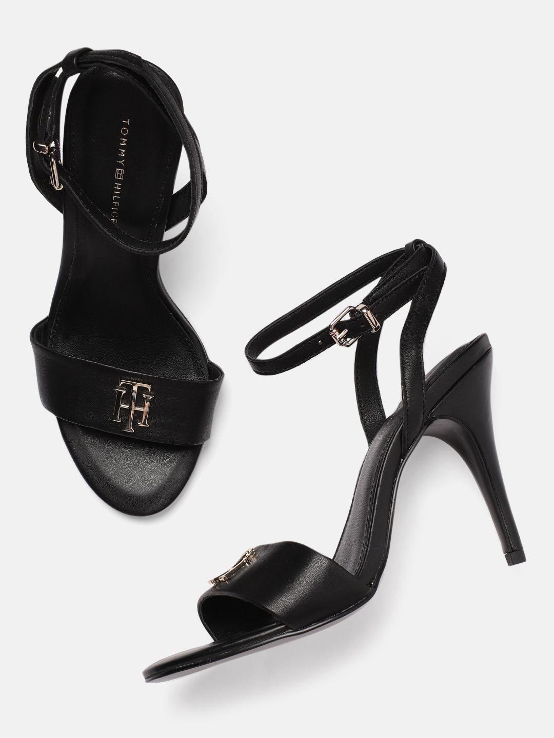 tommy hilfiger women black solid leather open toe heels