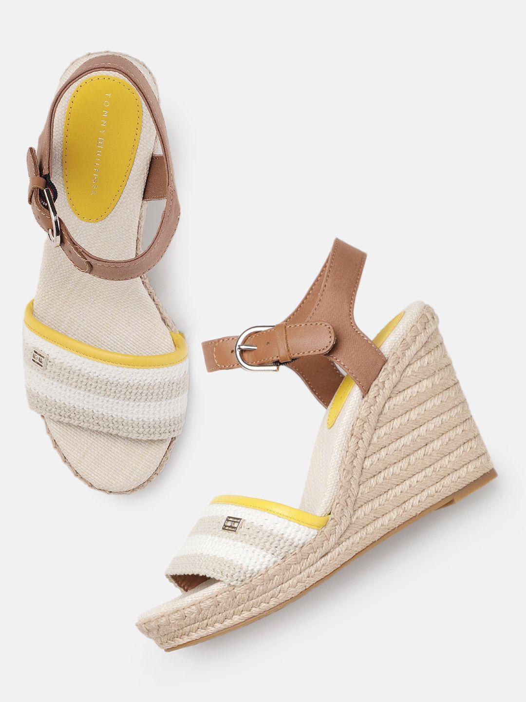 tommy hilfiger women crochet striped wedge sandals with buckle detail