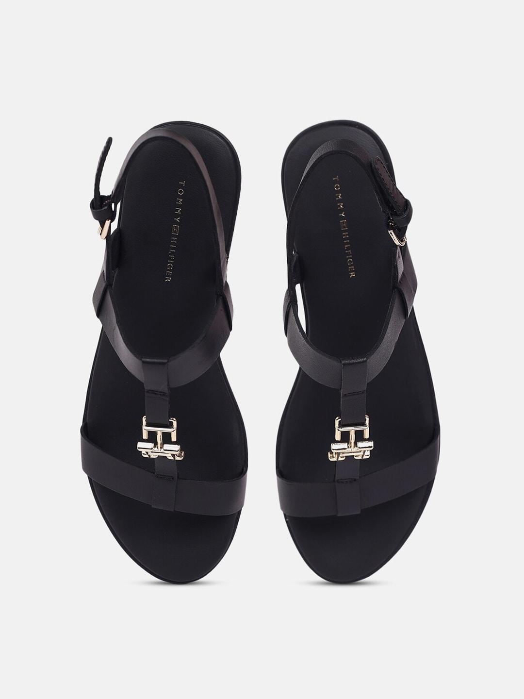 tommy hilfiger women embellished leather open toe flats with buckles