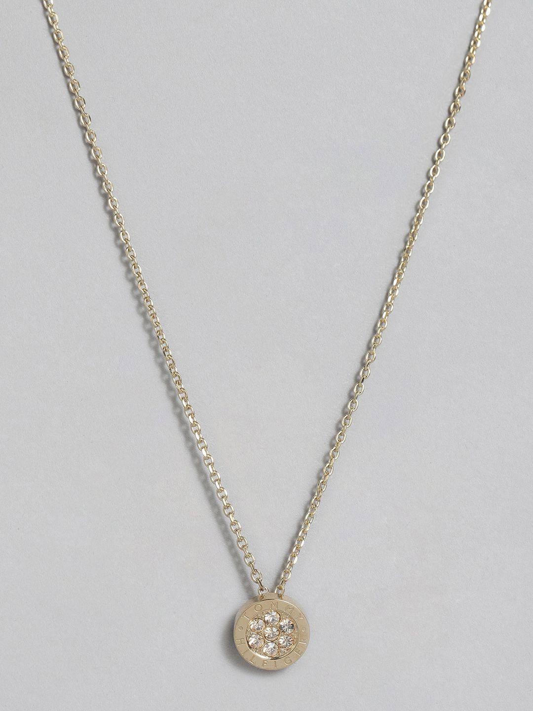 tommy hilfiger women gold-plated stainless steel crystals studded pendant with chain