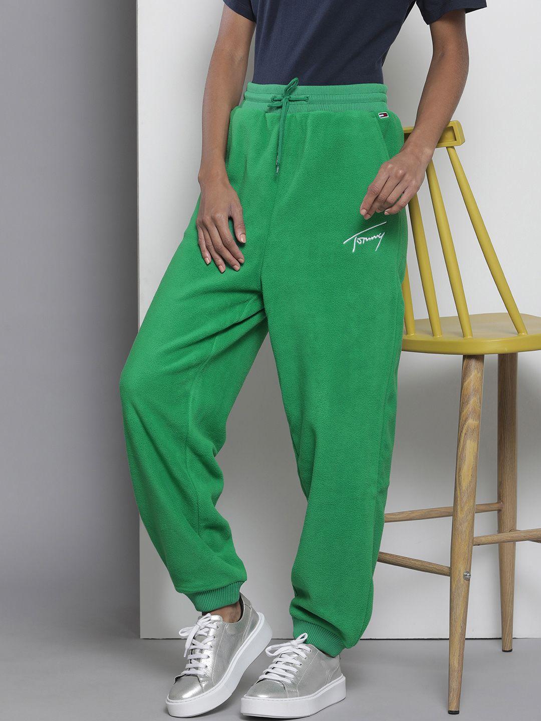 tommy hilfiger women green brand logo embroidered signature fleece joggers
