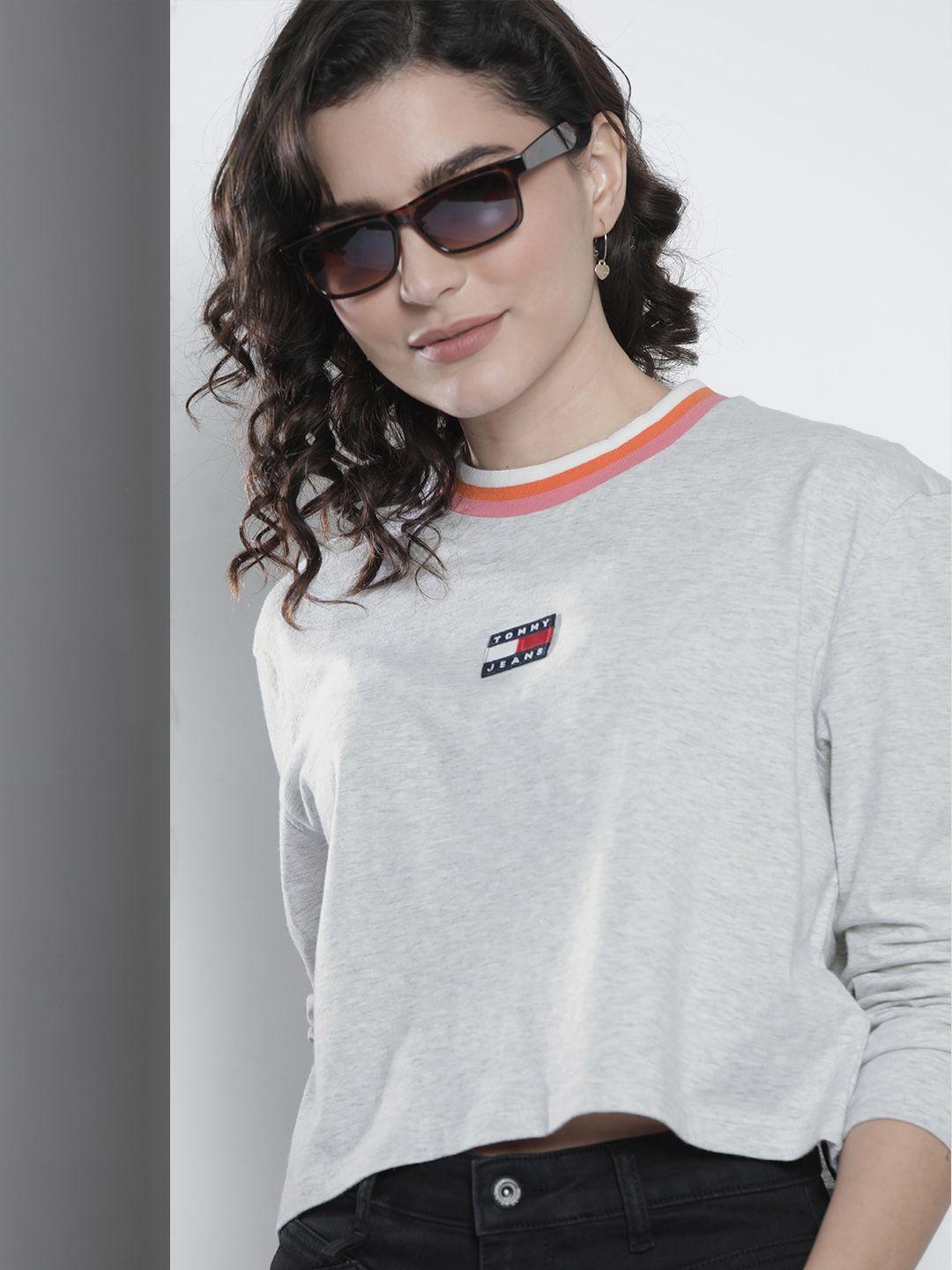 tommy hilfiger women grey & white embroidered sweatshirt