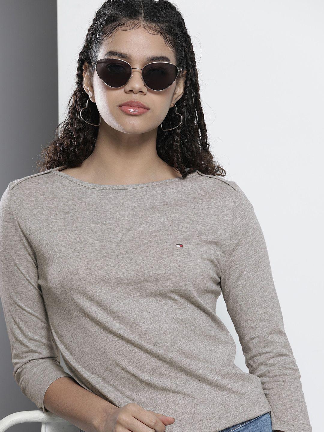 tommy hilfiger women grey solid pure cotton slim fit t-shirt