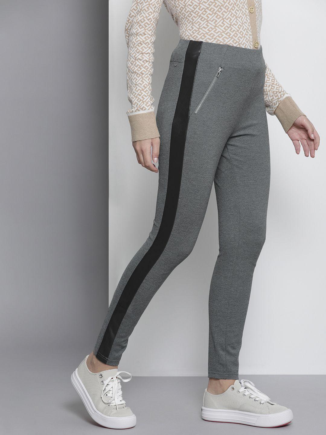 tommy hilfiger women grey solid slim fit leggings with side stripes