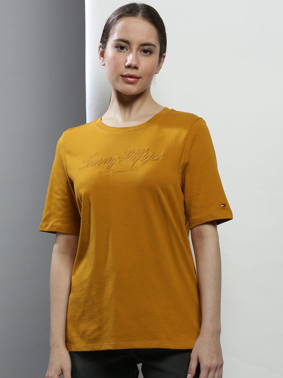 tommy hilfiger women mustard yellow brand logo embroidered pure cotton t-shirt