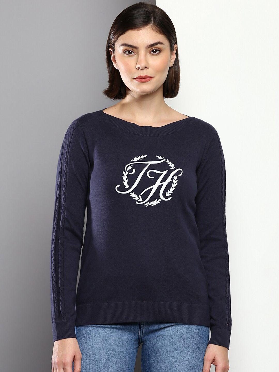 tommy hilfiger women navy blue & white embroidered pure cotton pullover