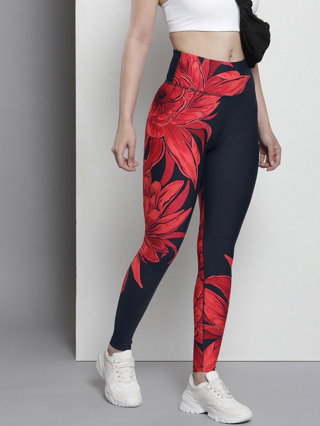 tommy hilfiger women red and black floral printed aop tights