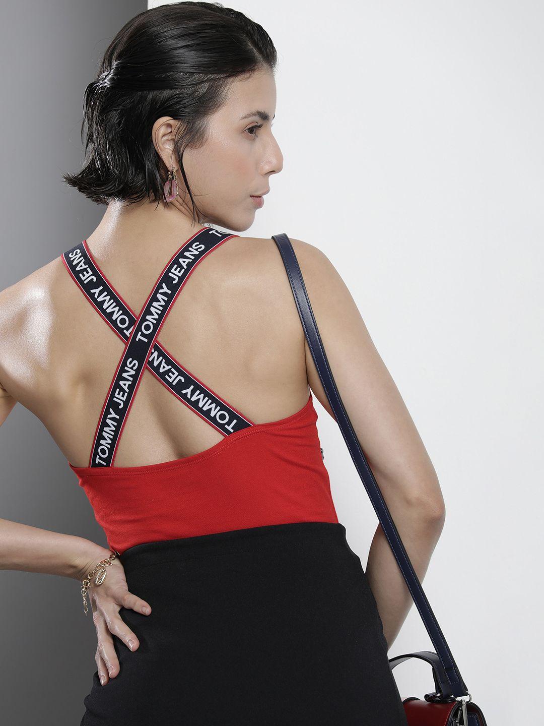 tommy hilfiger women red brand logo strap v-neck bodysuit