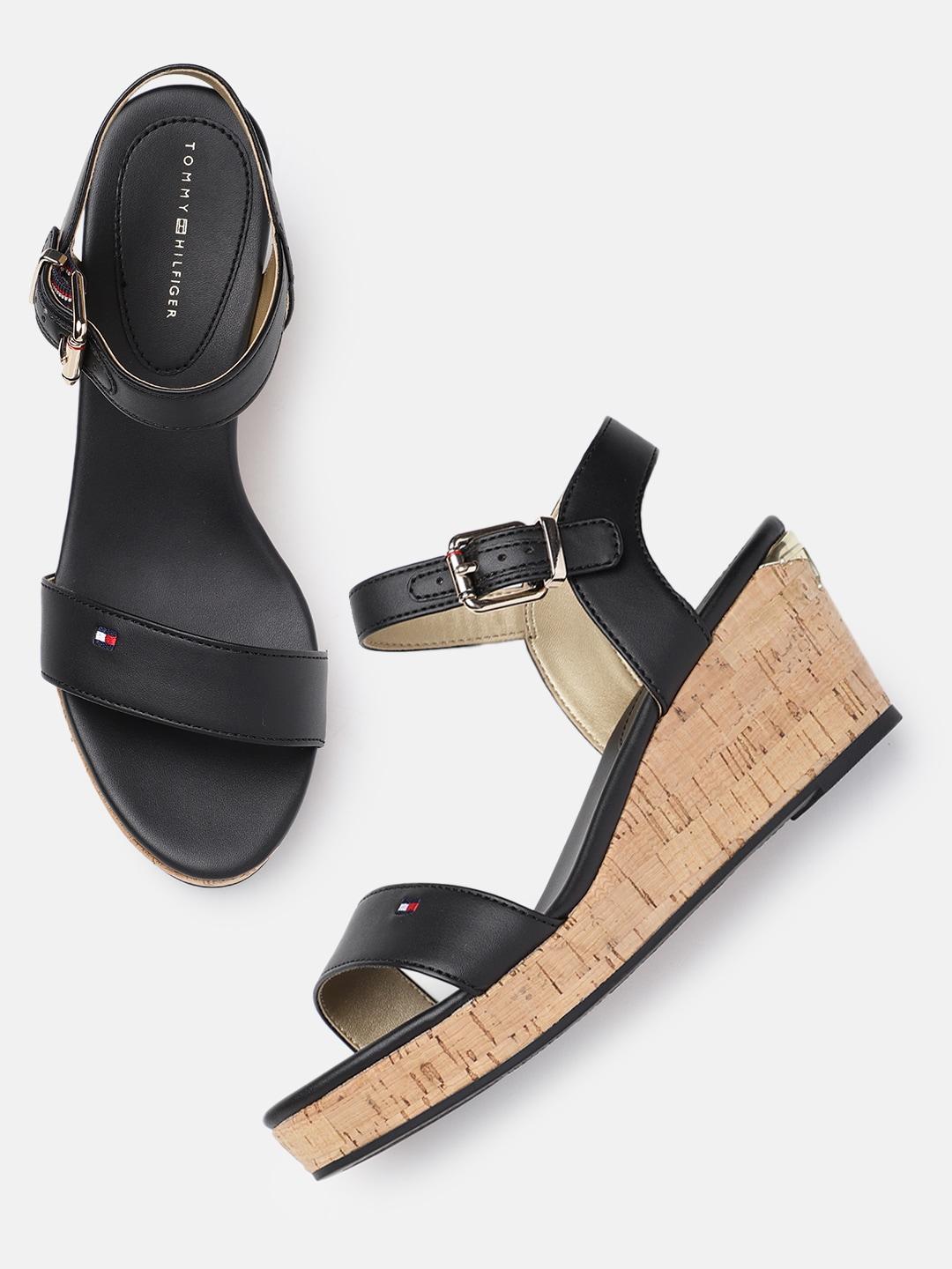 tommy hilfiger women solid pu wedge sandals with buckle detail