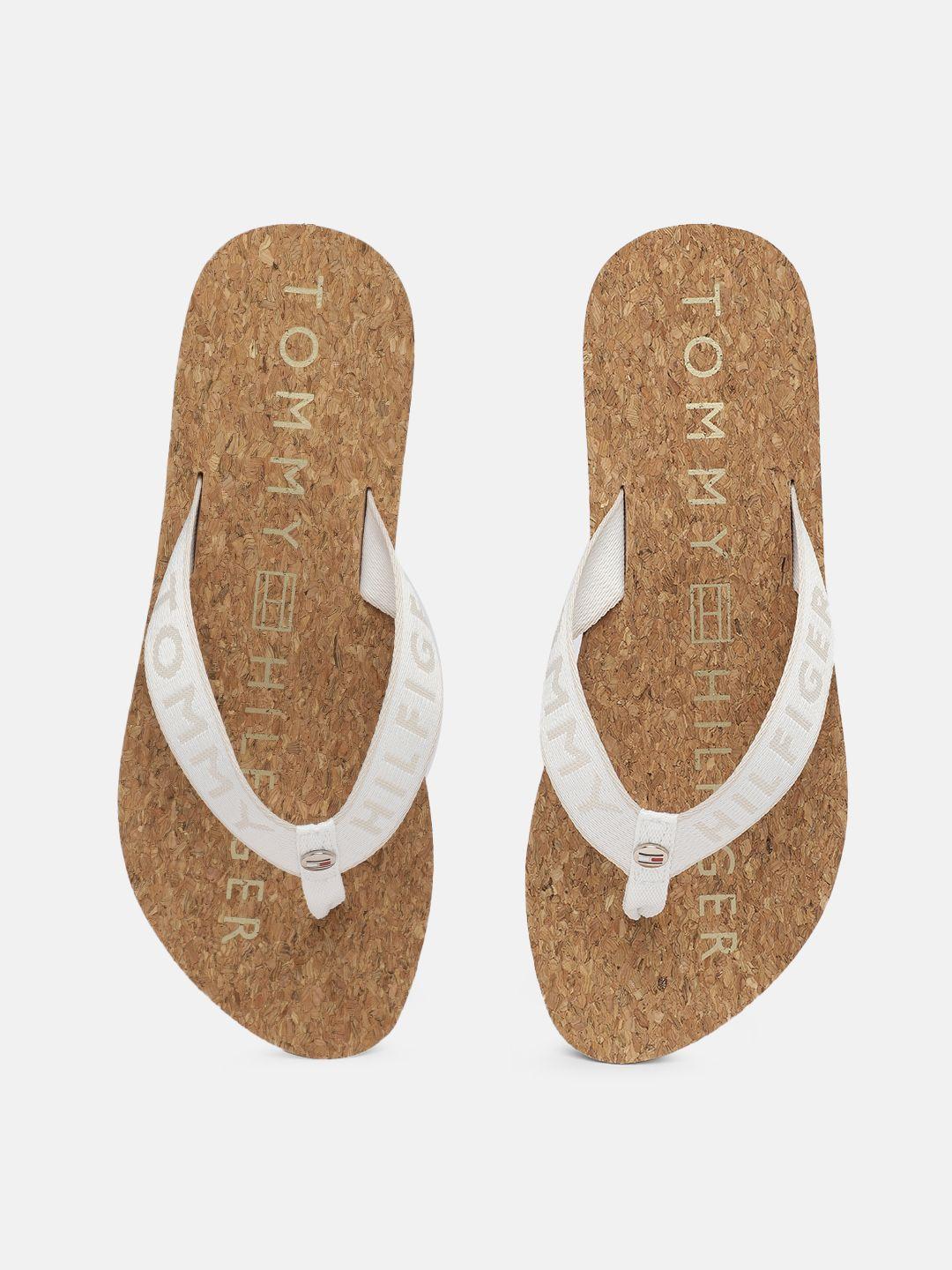 tommy hilfiger women white & beige brand logo printed thong flip-flops