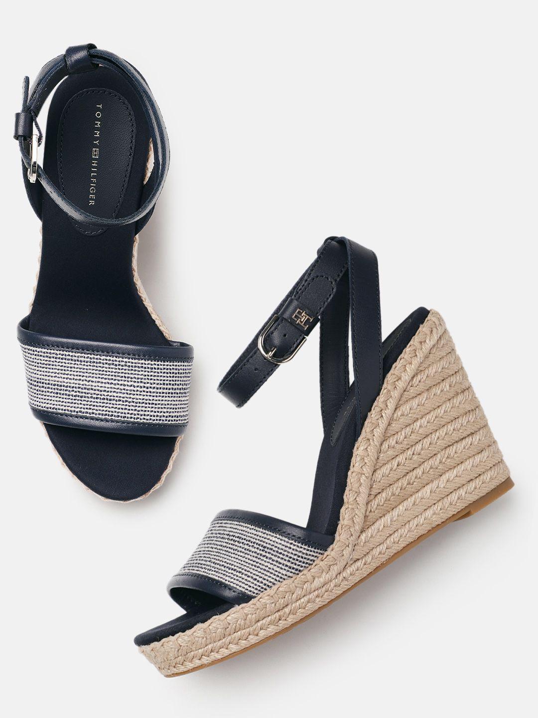 tommy hilfiger women woven textured mid-top wedge sandals with buckle detail