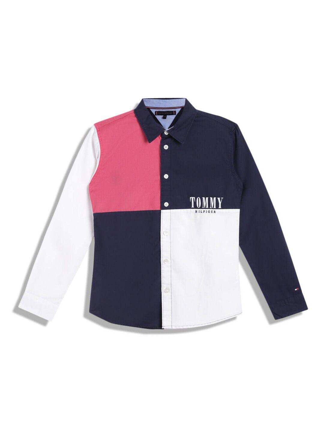 tommy hilfiger  boys colourblocked spread collar opaque cotton casual shirt