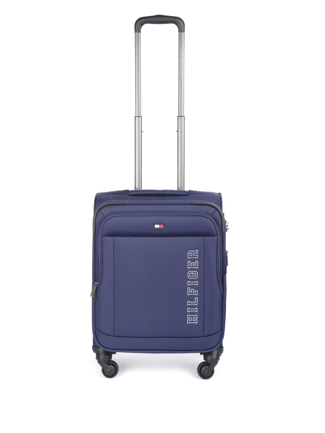 tommy hilfiger  navy blue brand logo 4 wheels 360-degree rotation cabin trolley bag