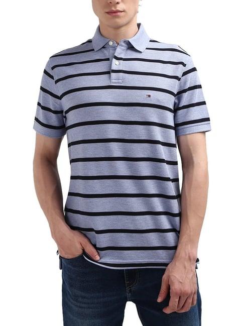 tommy hilfiger b8340 medium blue htr regular fit striped polo t-shirt