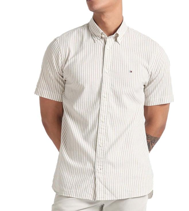 tommy hilfiger beige & optic white stripes regular fit shirt