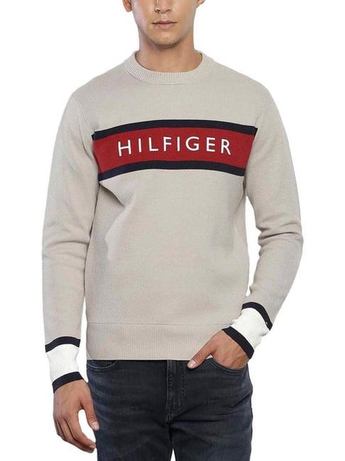 tommy hilfiger beige cotton regular fit colour block sweater