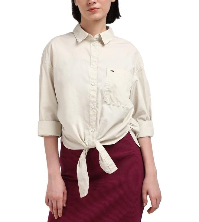 tommy hilfiger beige organic cotton solid women shirt