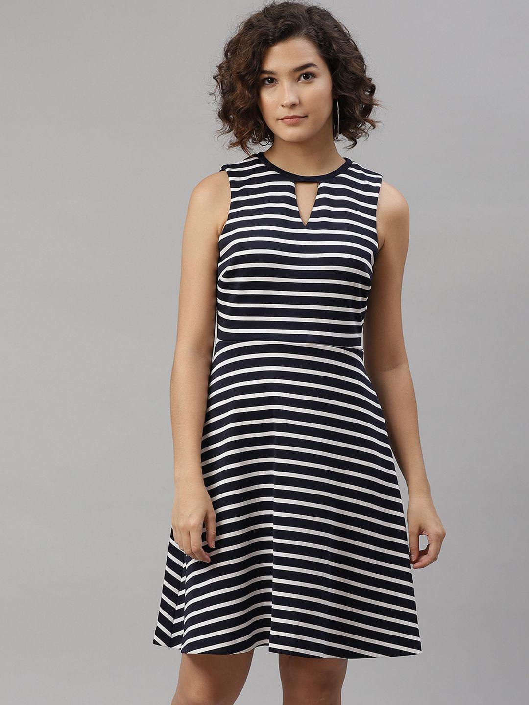 tommy hilfiger black & white striped keyhole neck a-line dress