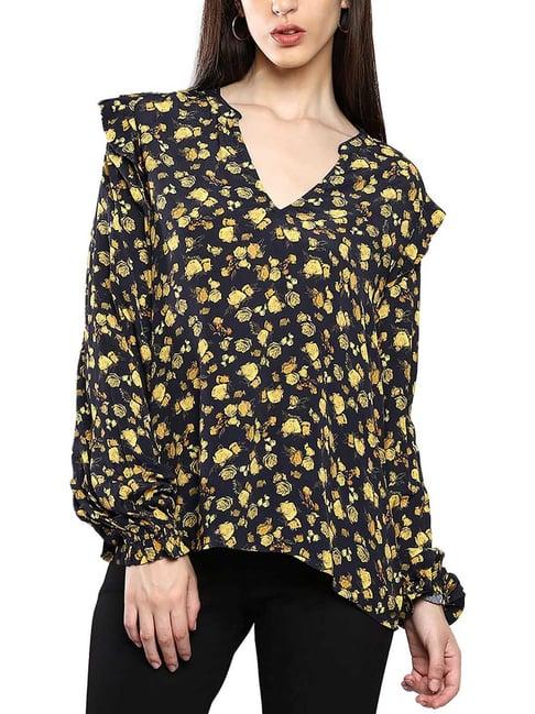 tommy hilfiger black & yellow floral regular fit tops