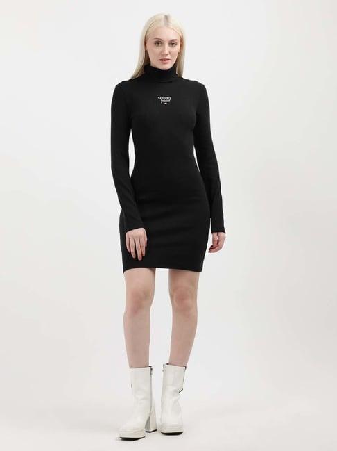 tommy hilfiger black cotton embroidered bodycon dress