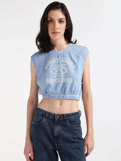 tommy hilfiger blue & white cotton graphic print crop top