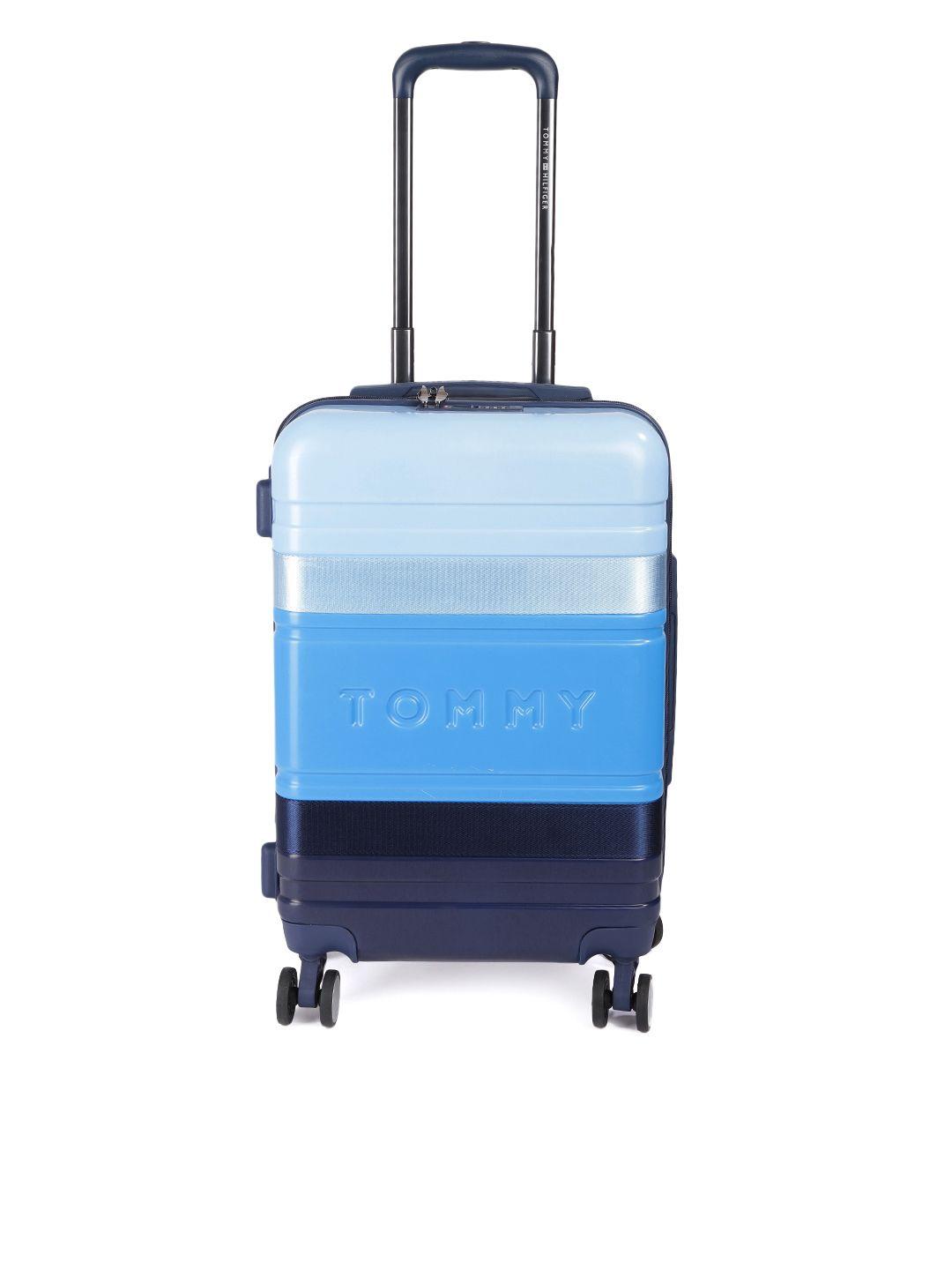 tommy hilfiger blue 4 wheels 360-degree rotation cabin hard trolley bag