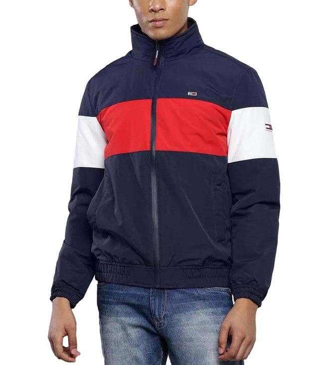 tommy hilfiger blue colour-block regular fit bomber jacket