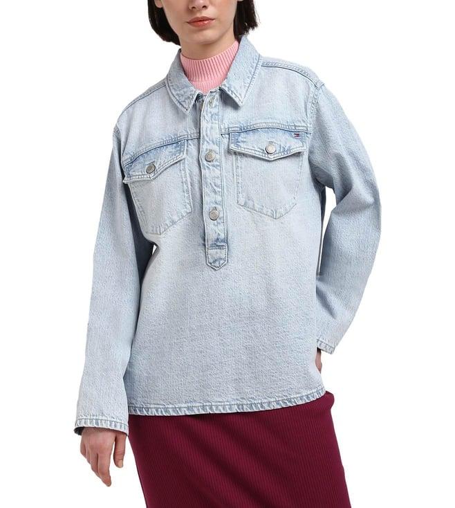 tommy hilfiger blue cotton solid women relaxed fit denim shirt