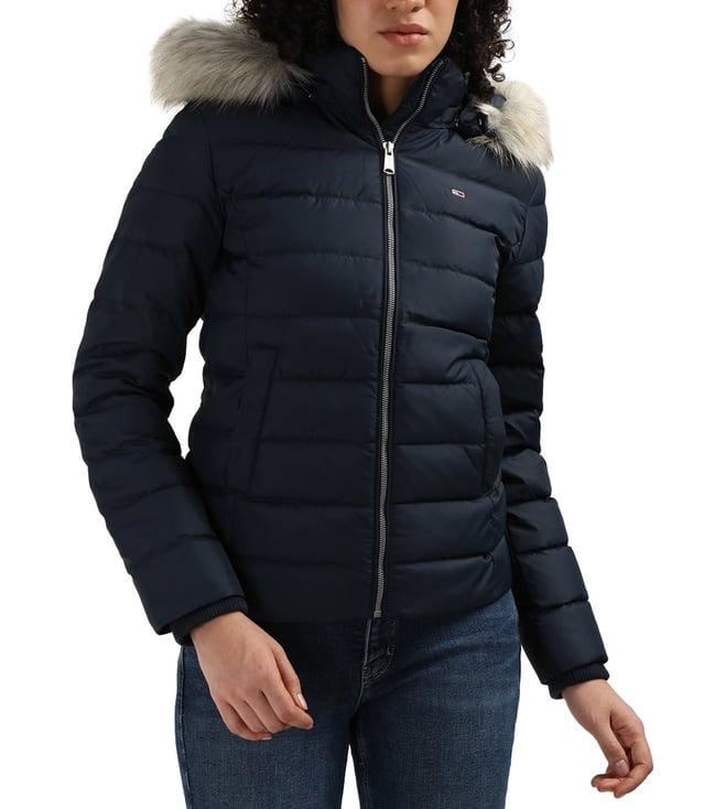 tommy hilfiger blue polyester solid women slim fit padded jacket