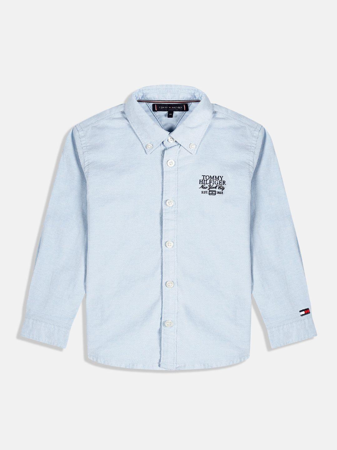 tommy hilfiger boys blue brand logo embroidered pure cotton oxford shirt