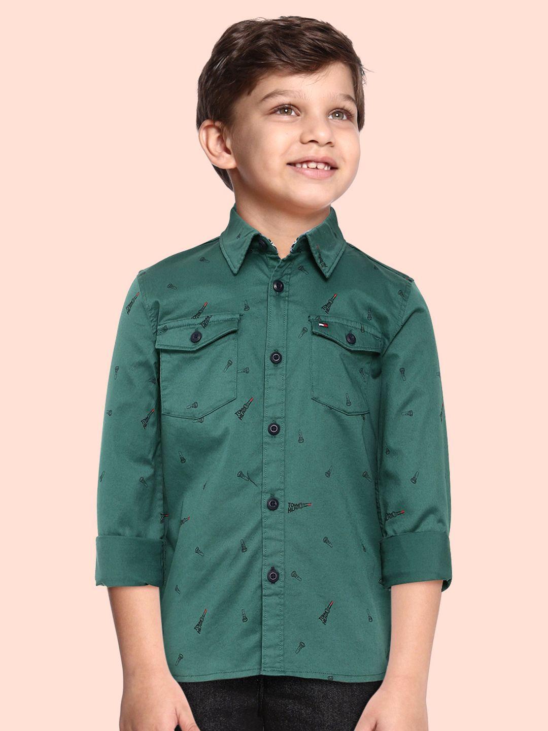tommy hilfiger boys forage green regular fit conversational opaque printed casual shirt