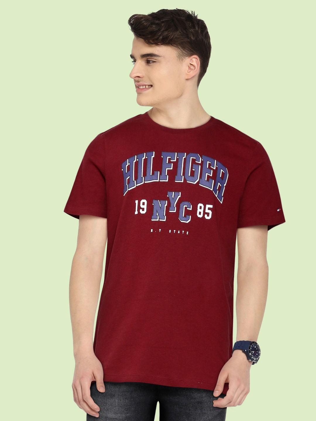 tommy hilfiger boys maroon printed pure cotton t-shirt