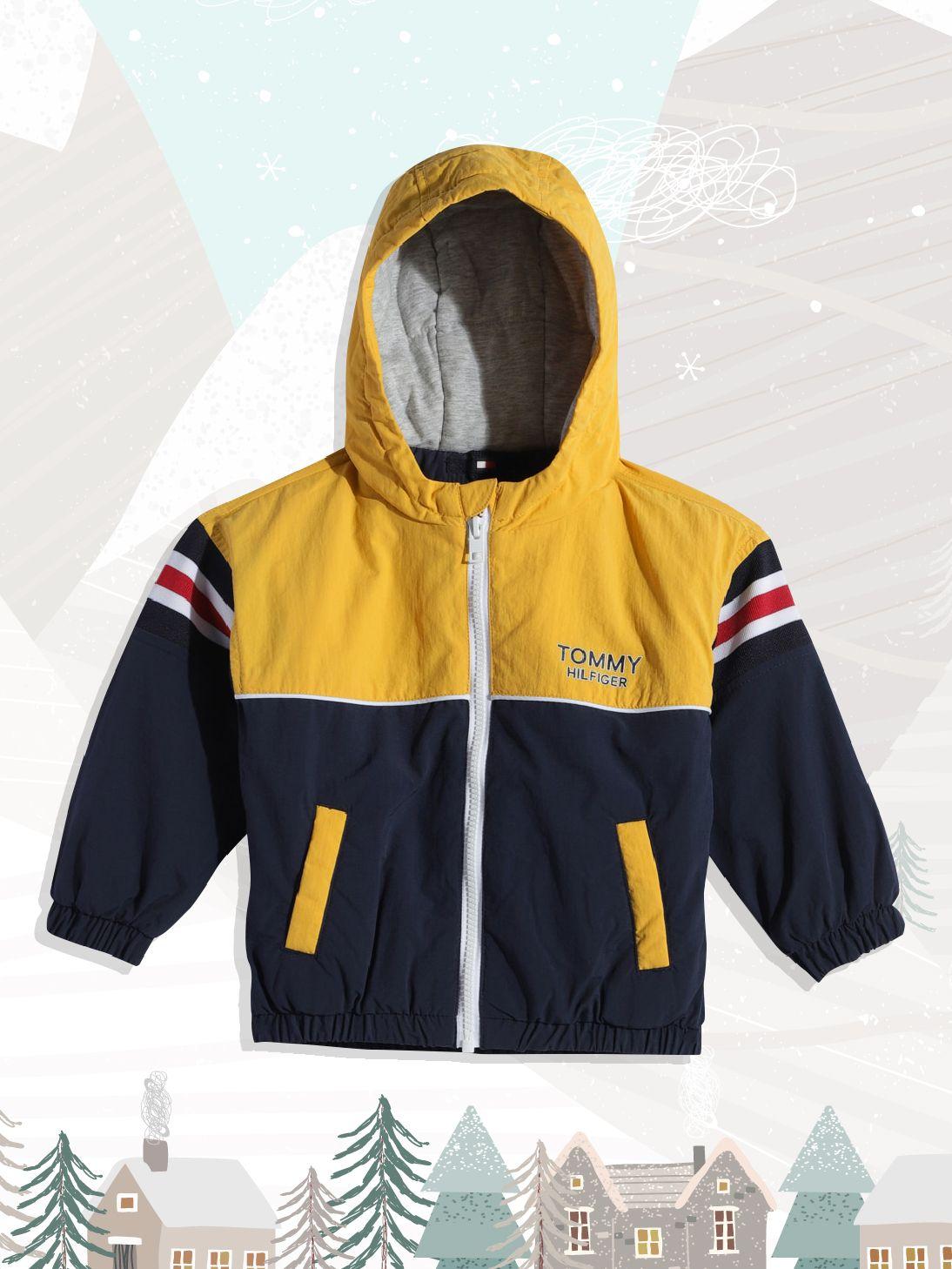 tommy hilfiger boys navy blue mustard colourblocked padded jacket