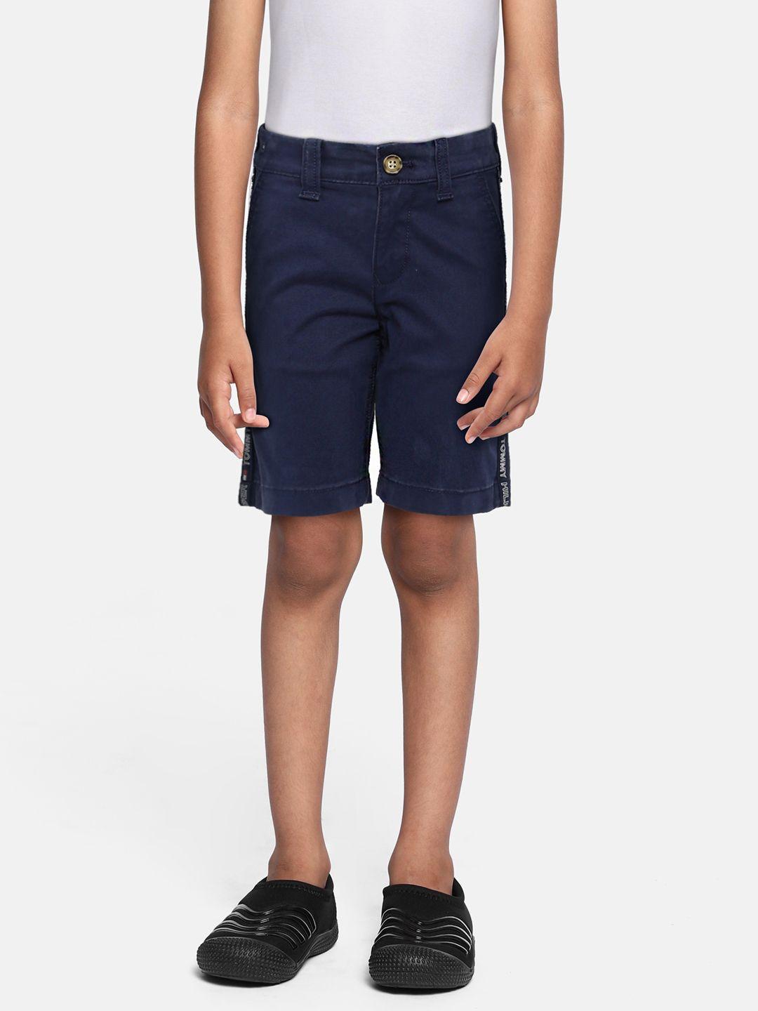 tommy hilfiger boys navy blue solid with typography print denim shorts