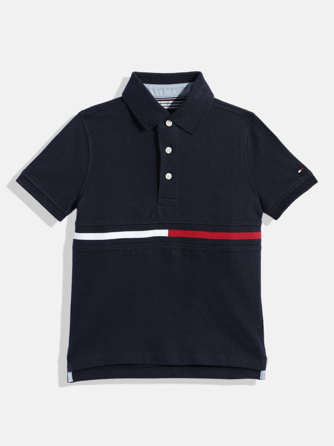tommy hilfiger boys navy blue striped polo collar pure cotton t-shirt