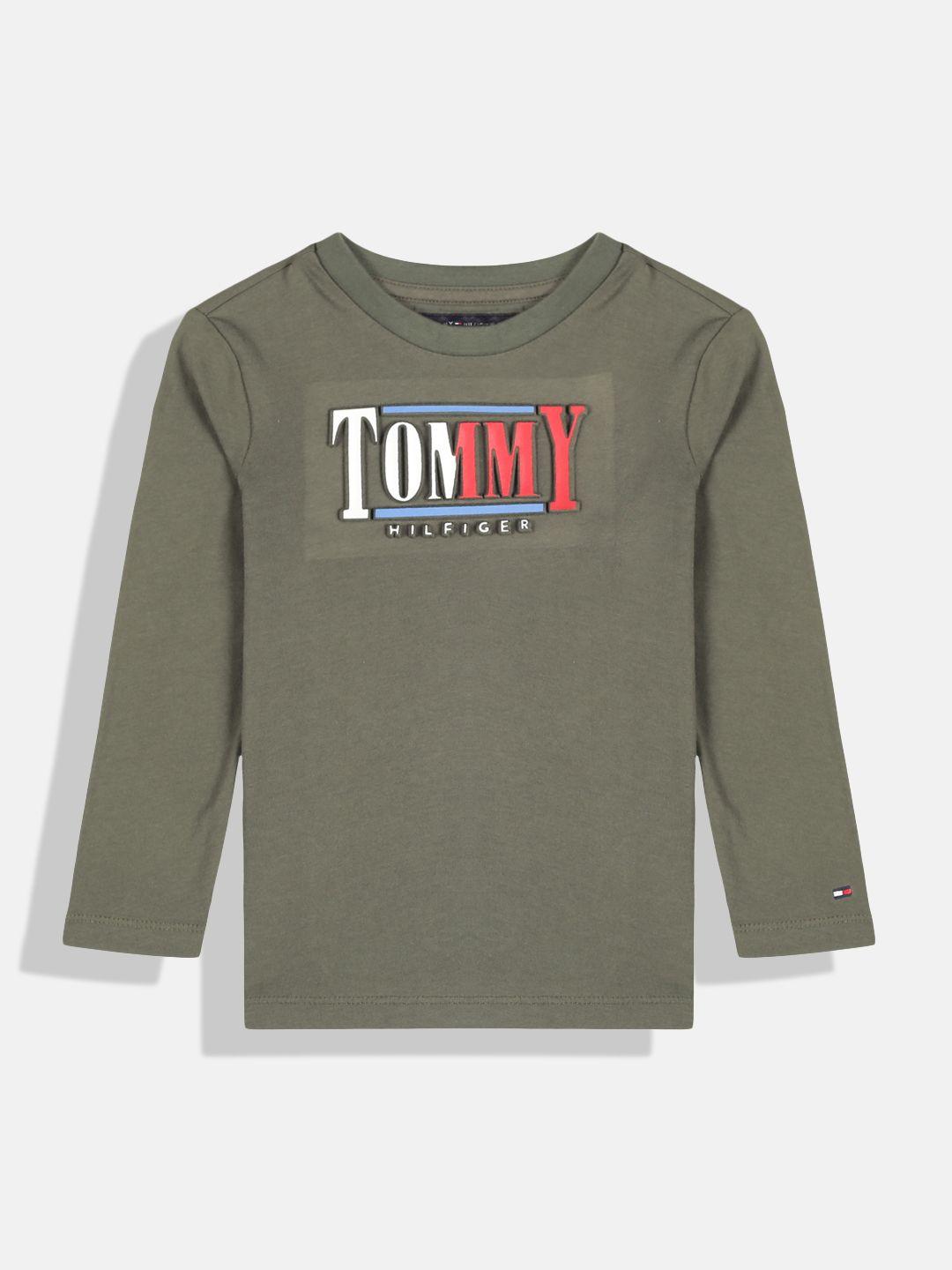 tommy hilfiger boys olive green brand logo embossed pure cotton t-shirt