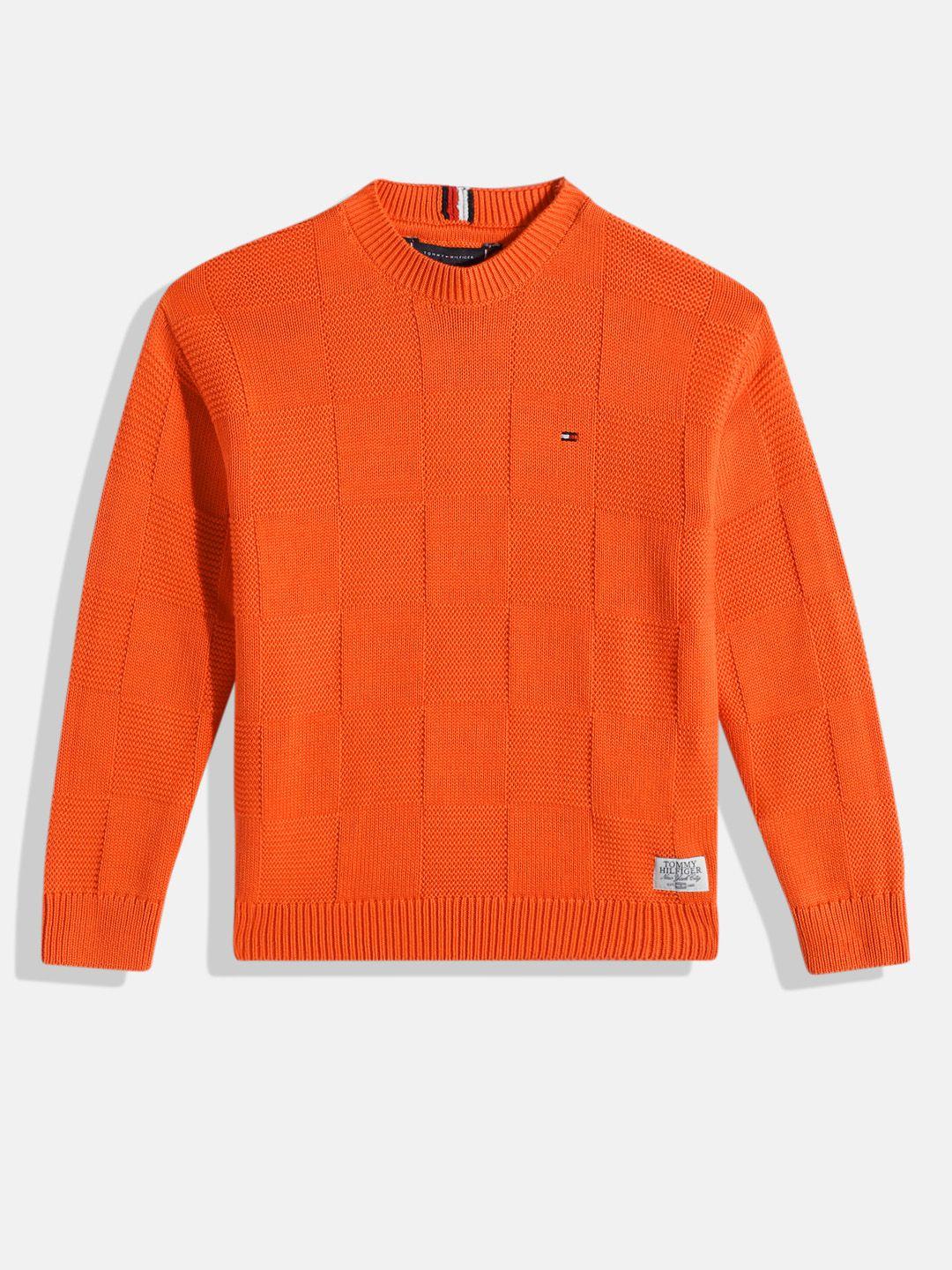 tommy hilfiger boys orange geometric self design knitted pure cotton pullover