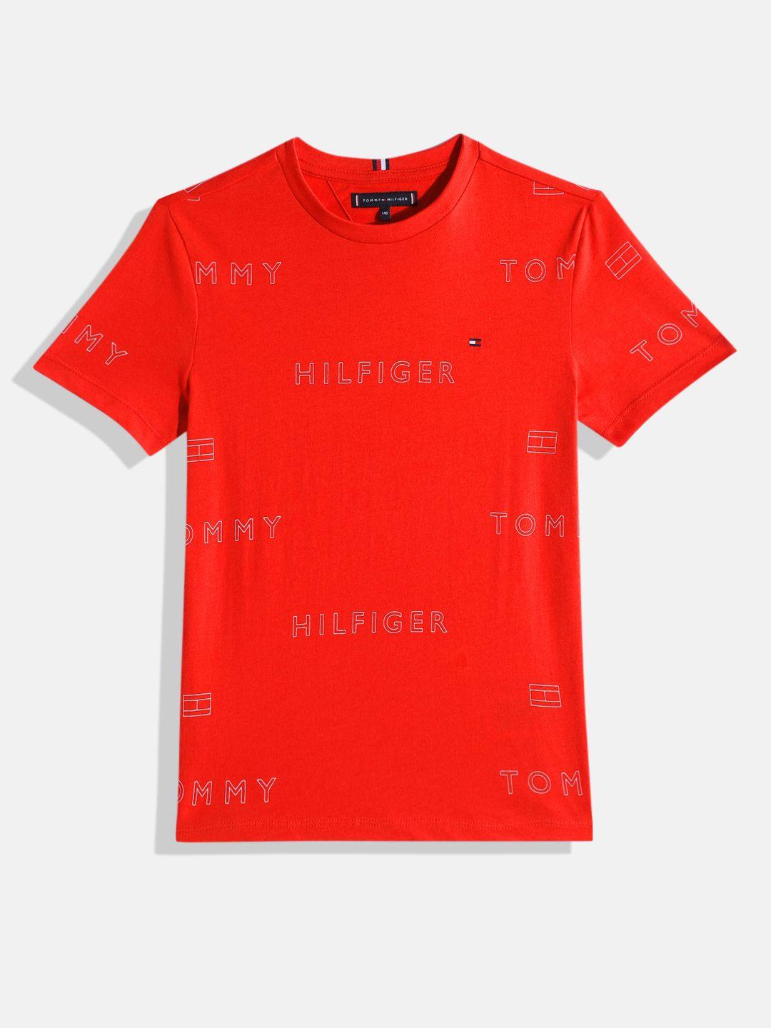 tommy hilfiger boys red brand logo printed pure cotton sustainable t-shirt
