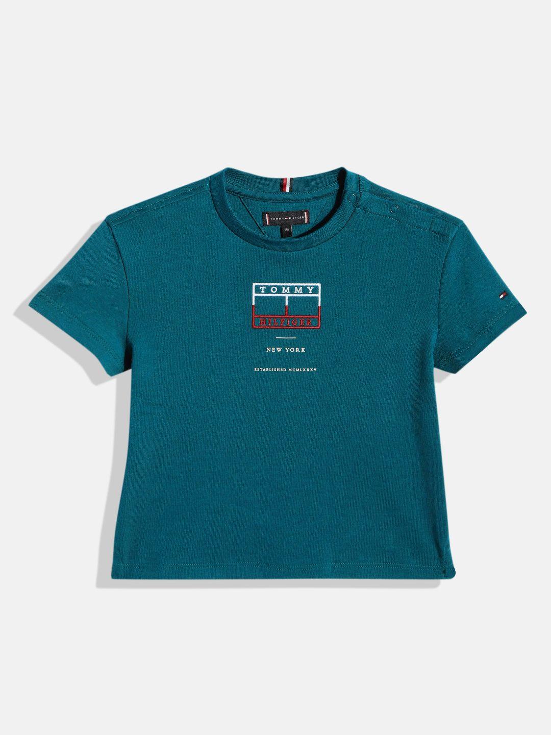 tommy hilfiger boys teal brand logo printed pure cotton t-shirt