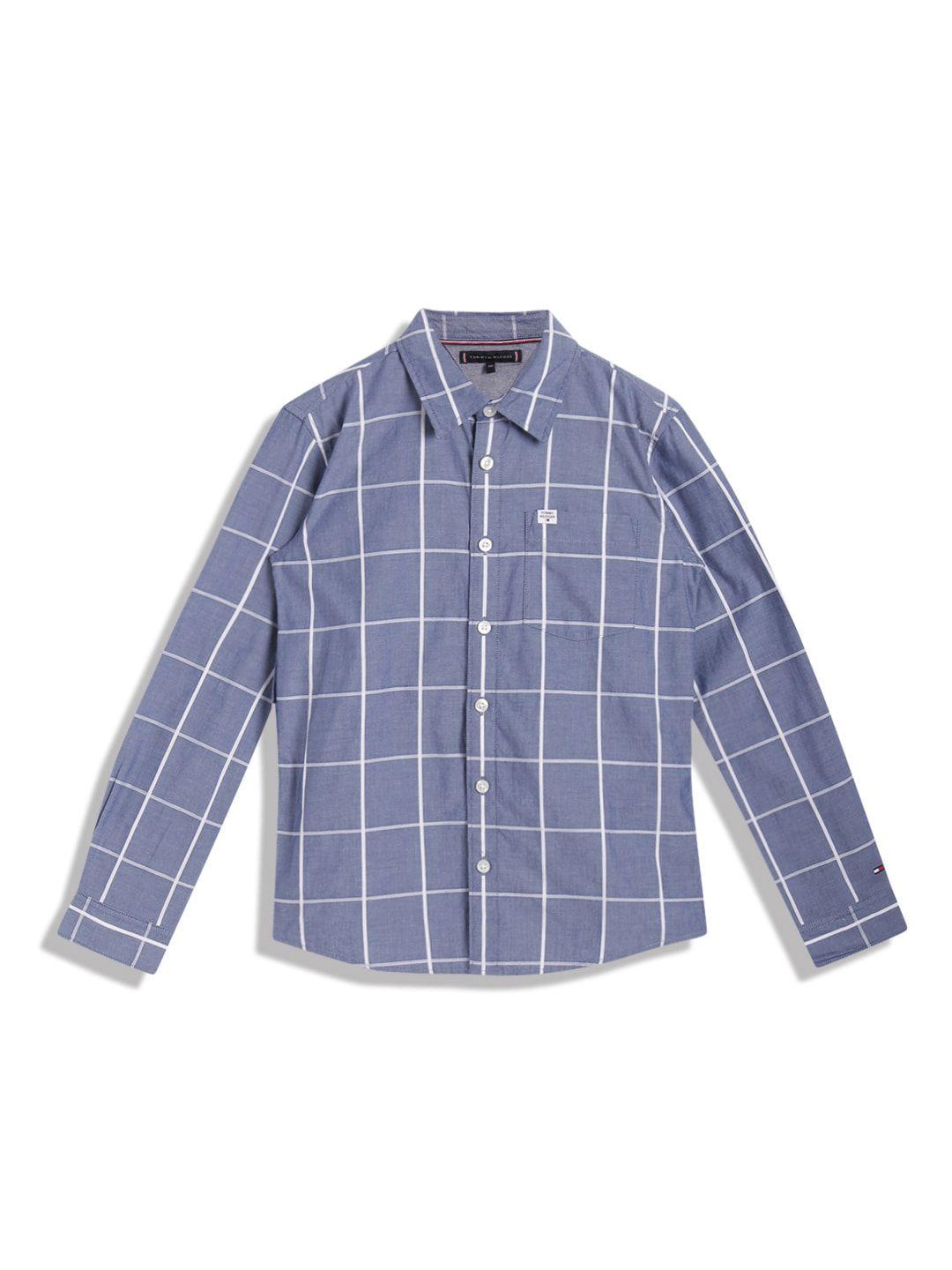 tommy hilfiger boys windowpane checked spread collar opaque cotton casual shirt