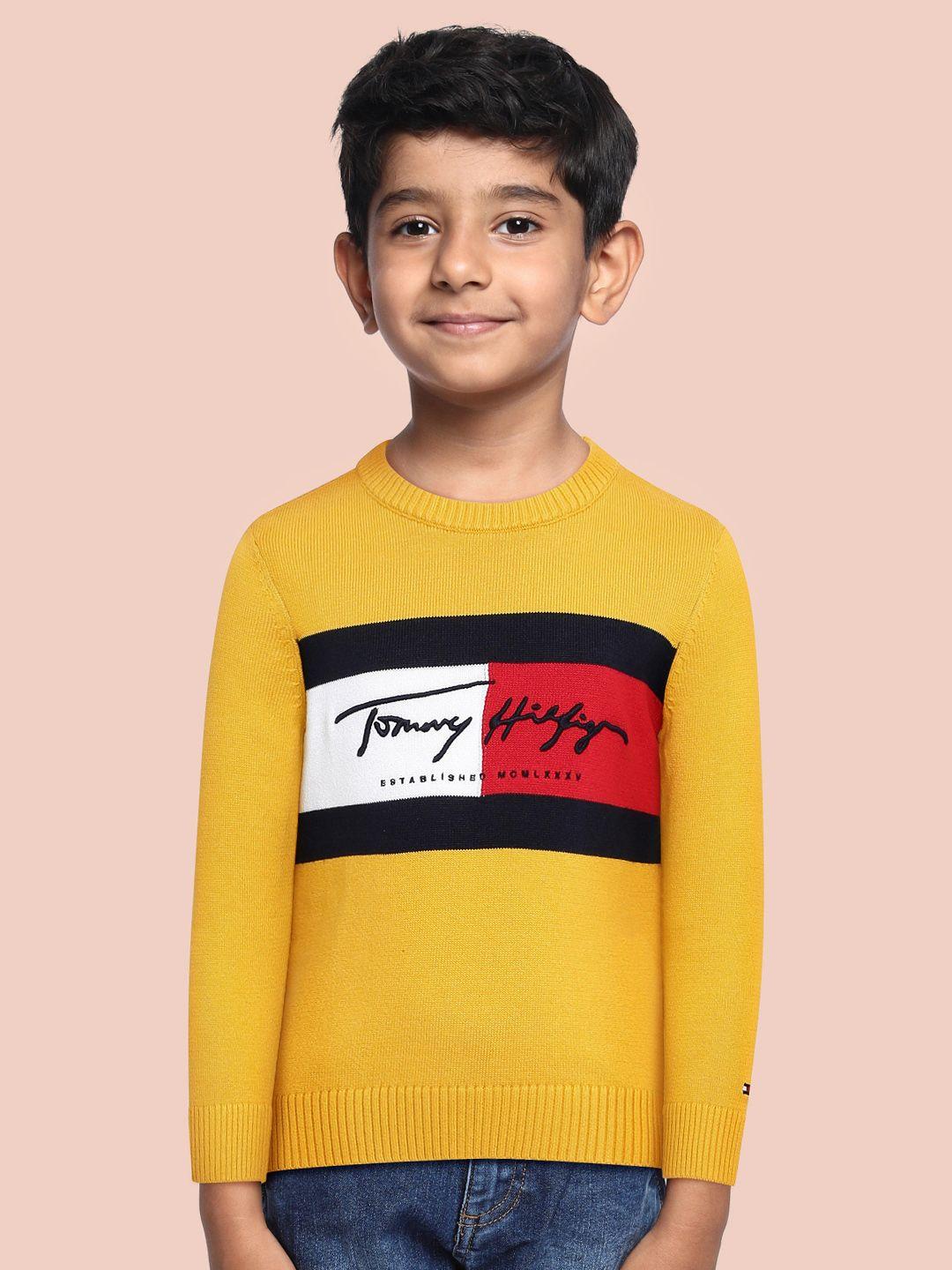 tommy hilfiger boys yellow brand logo embroidered pure cotton pullover