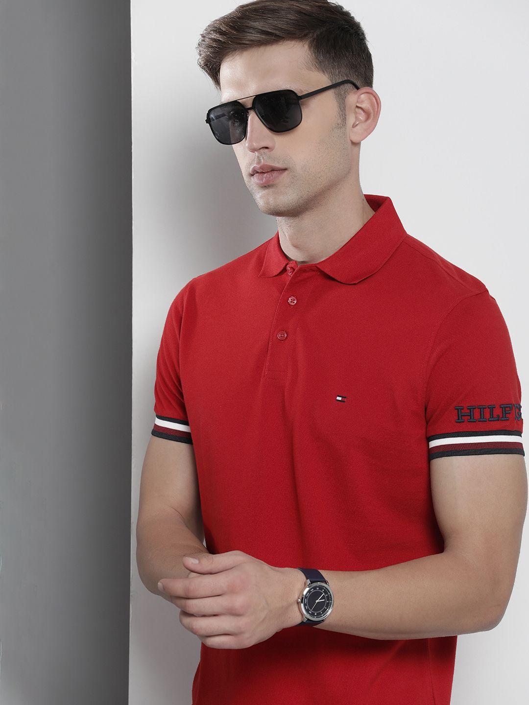 tommy hilfiger brand logo embroidered polo collar pure cotton slim fit t-shirt