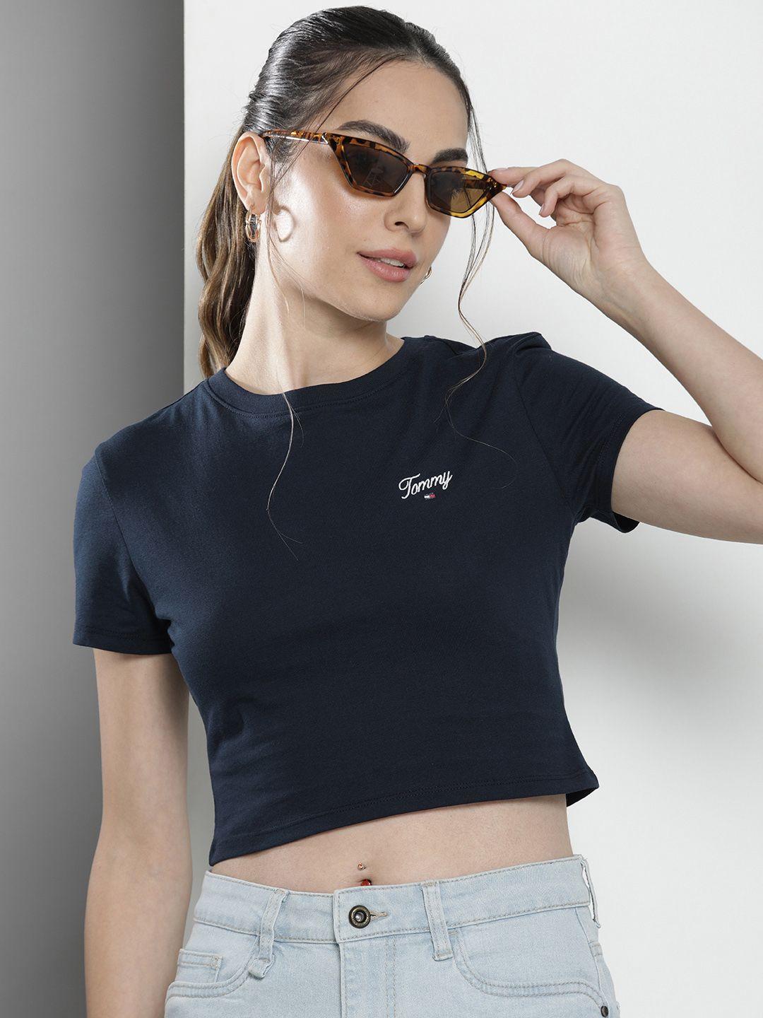 tommy hilfiger brand logo embroidered pure cotton crop top