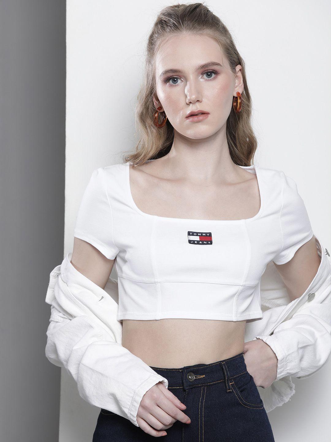 tommy hilfiger brand logo embroidered sustainable fitted crop top