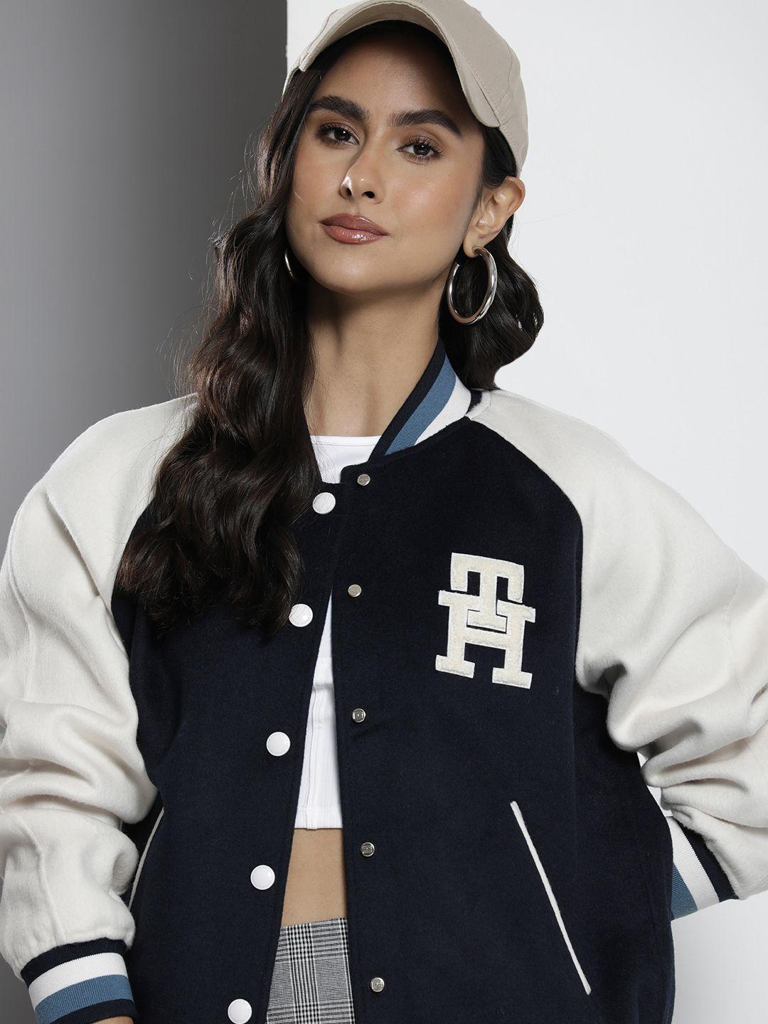 tommy hilfiger brand logo embroidered woolen varsity jacket