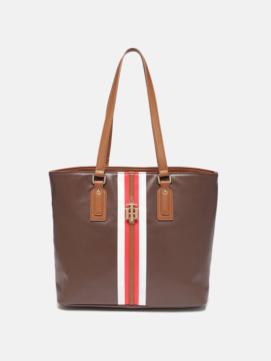 tommy hilfiger brown striped handheld bag
