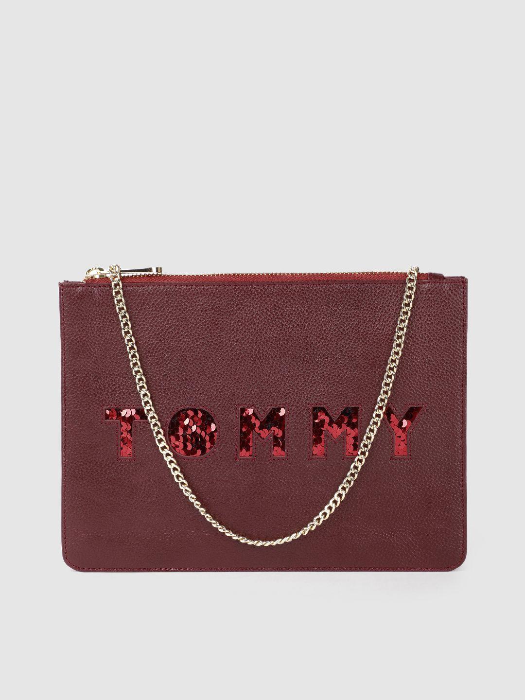 tommy hilfiger burgundy brand logo embellished leather regular structured sling bag