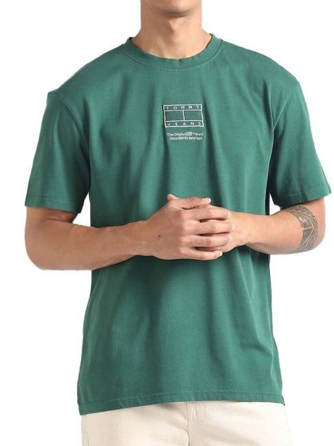 tommy hilfiger court green cotton regular fit embroidered t-shirt